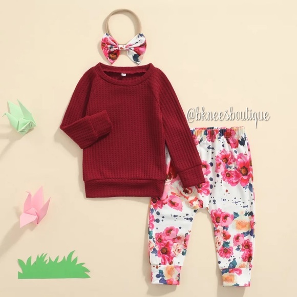 Matching Sets Toddler Girl Boutique Knit Warm Cozy Burgundy 3pc